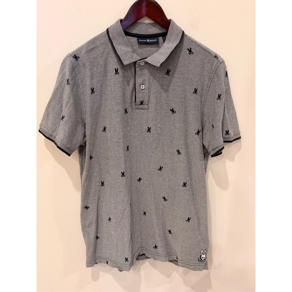 Psycho Bunny Mens Medium Size 5 Gray All Over Bunny Logo Pique Polo Shirt
